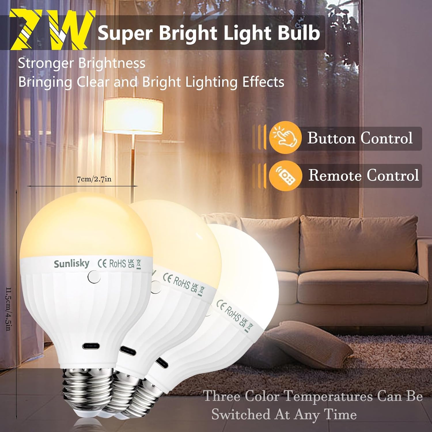 Super bright light bulbs with button and remote control features, shown in a living room setting.