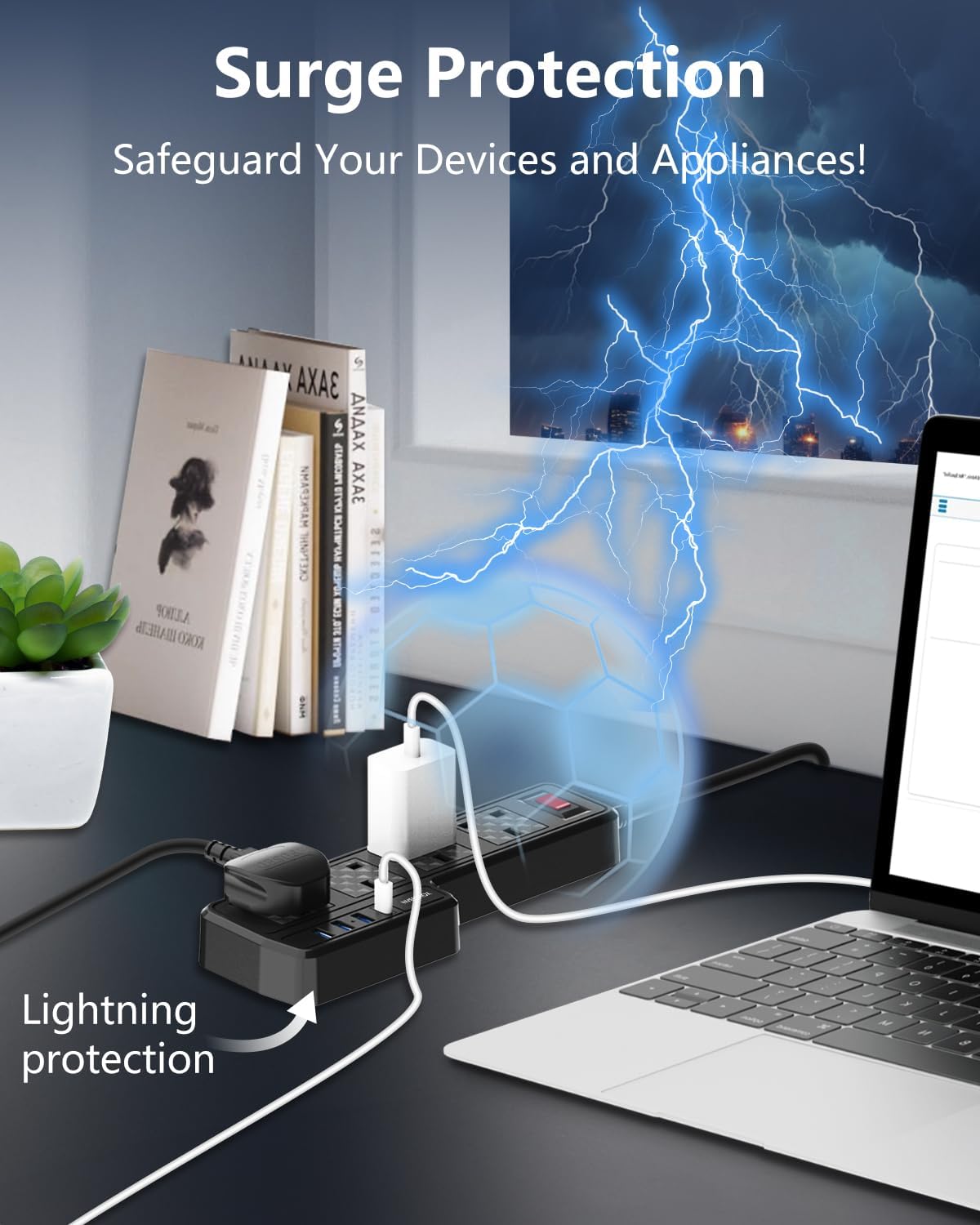 Surge protector with lightning effect on a desk with books and a laptop.