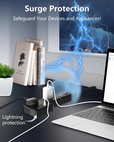 Surge protector with lightning effect on a desk with books and a laptop.