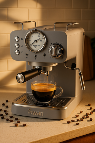 Swan espresso machine with a cup of coffee and scattered coffee beans on a wooden surface.