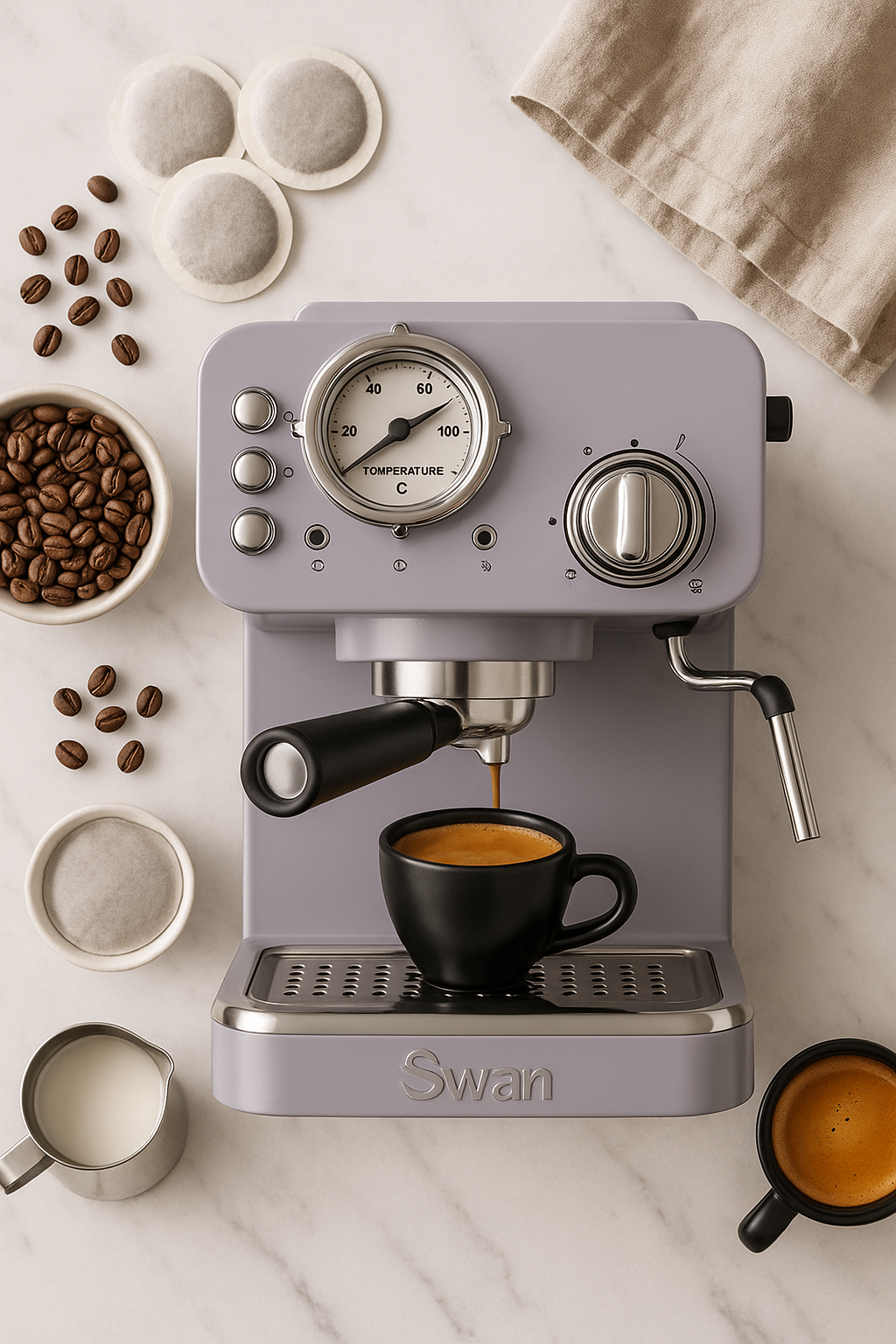 Swan espresso machine with coffee beans, a bowl of coffee, and a cup on a marble surface.