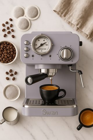 Swan espresso machine with coffee beans, a bowl of coffee, and a cup on a marble surface.