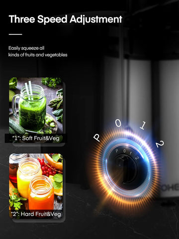 Three speed adjustment dial for a kitchen appliance with images of smoothies and juices on a dark background.