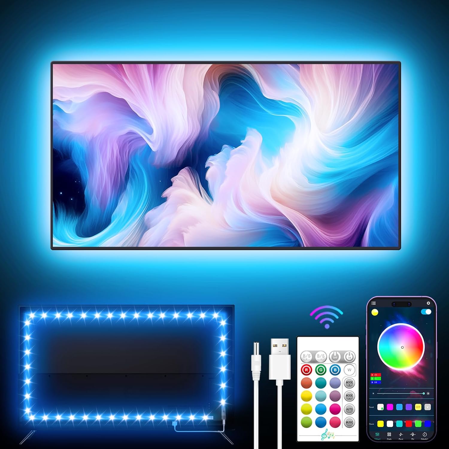 TV Light Strip, 5M TV Backlight, for 45-75 Inch TV, Music Sync LED TV Light with Bluetooth Function - RGB Color Changing Light Strip for Home Theater (16.4ft)