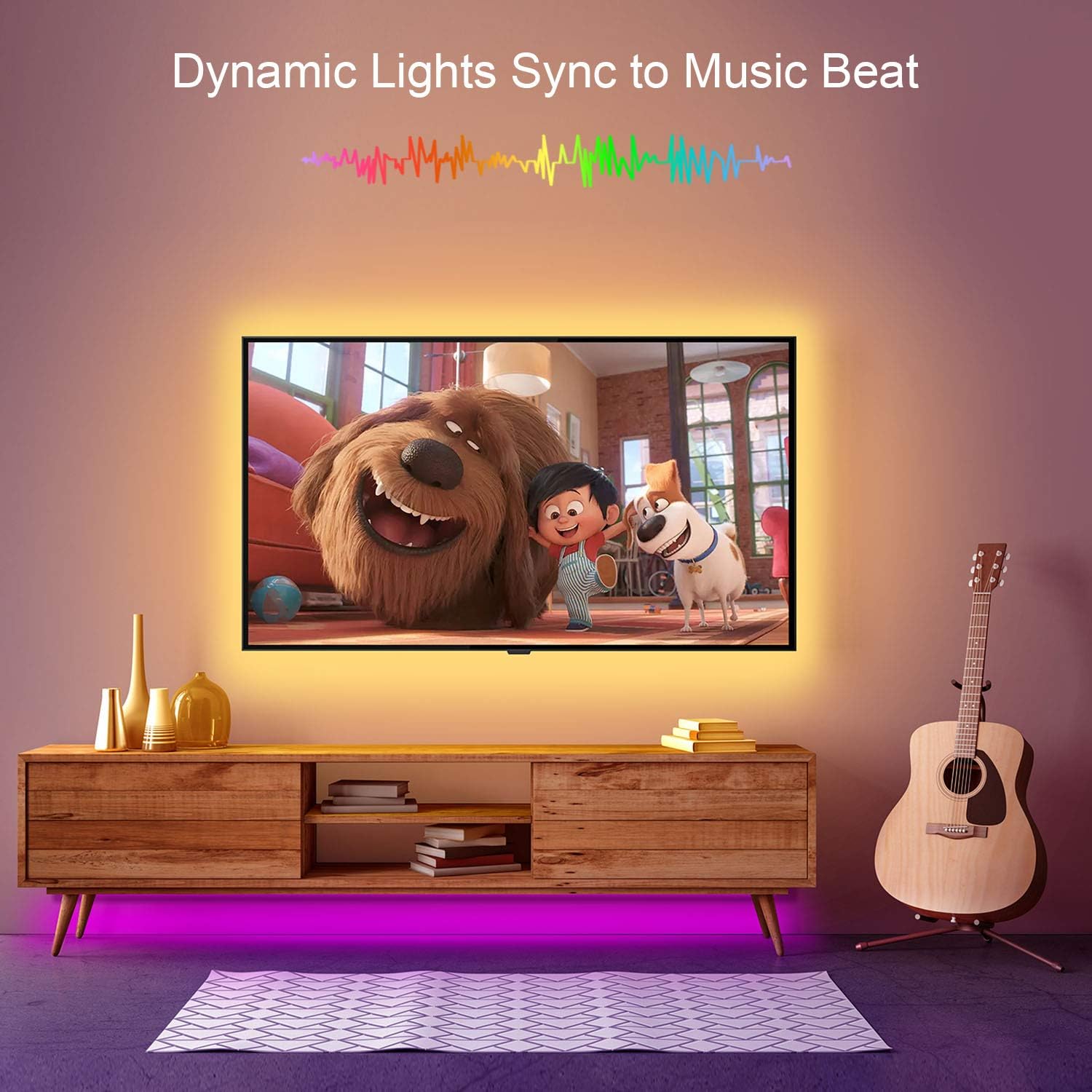 TV mounted on a wall with dynamic lights syncing to music beat, guitar and decor items in the room.