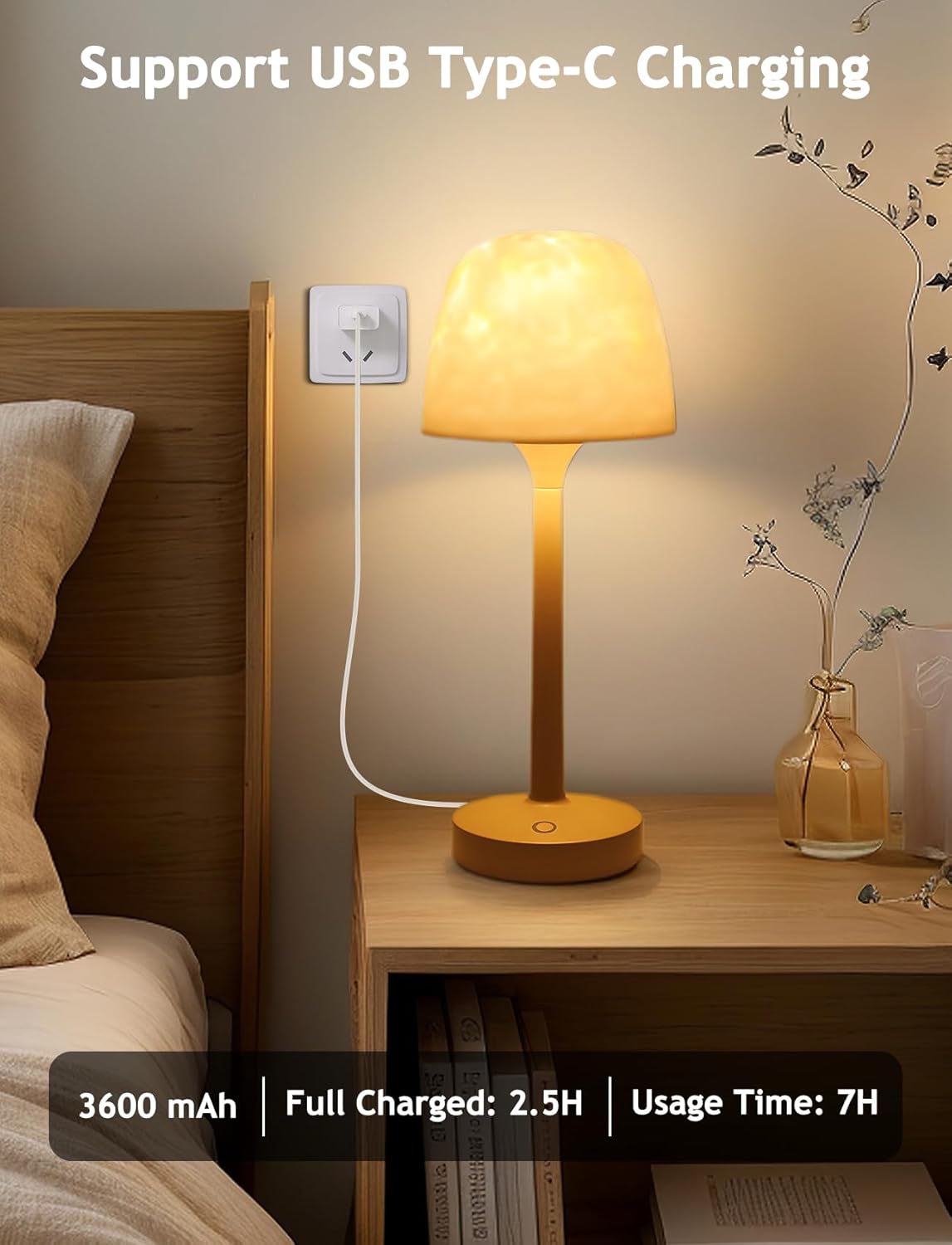 Table lamp with USB Type-C charging feature on a bedside table.