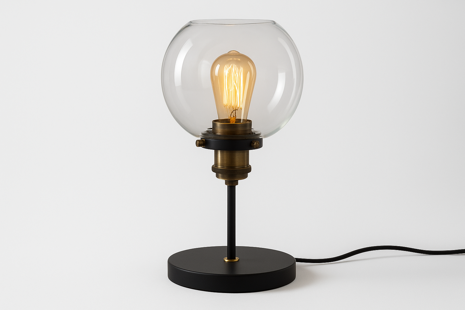 Table lamp with a clear glass shade and exposed bulb on a white background