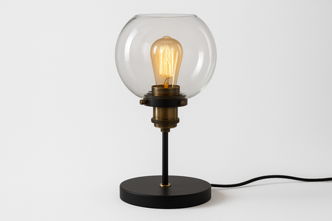 Table lamp with a clear glass shade and exposed bulb on a white background
