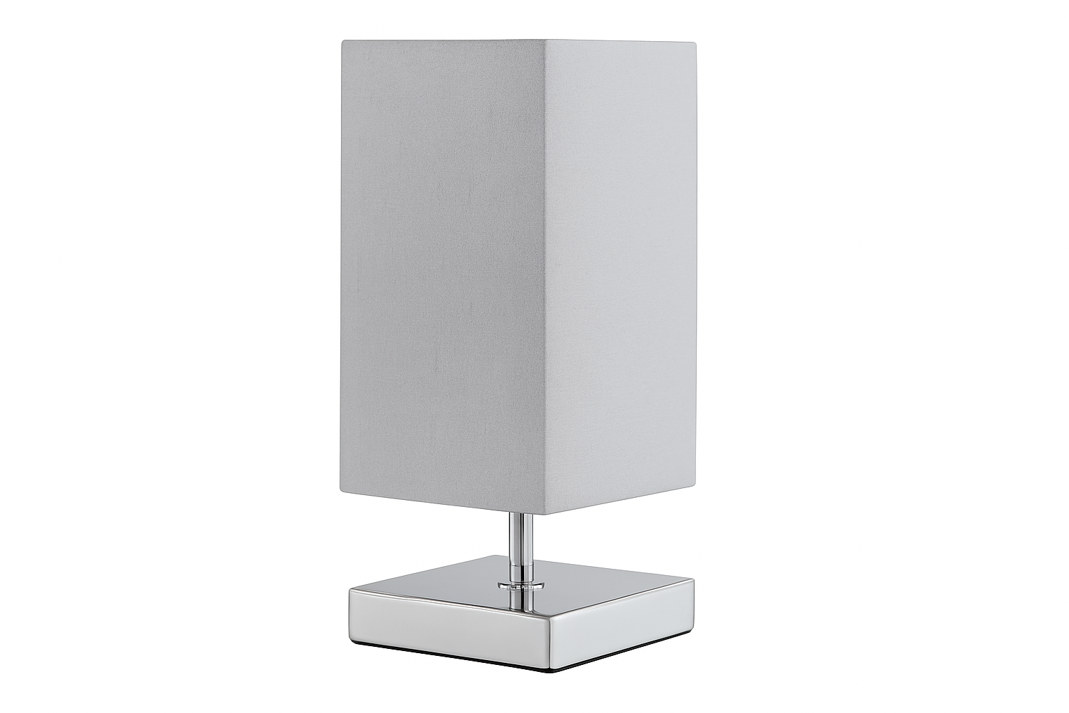 Table lamp with a gray shade and chrome base on a white background