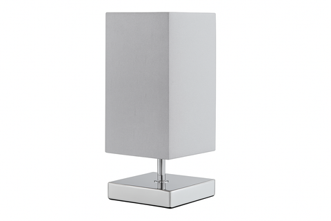 Table lamp with a gray shade and chrome base on a white background