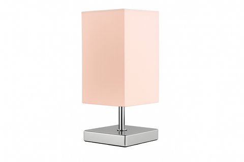 Table lamp with a pink square shade on a white background
