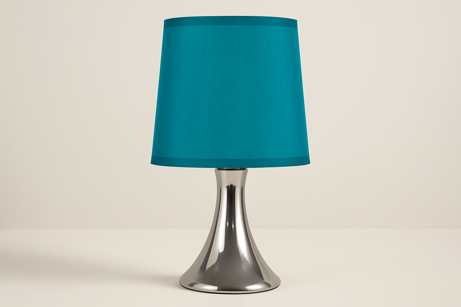 Table lamp with a teal shade and silver base on a beige background
