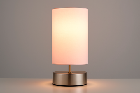 Table lamp with a white shade and metallic base on a gray background