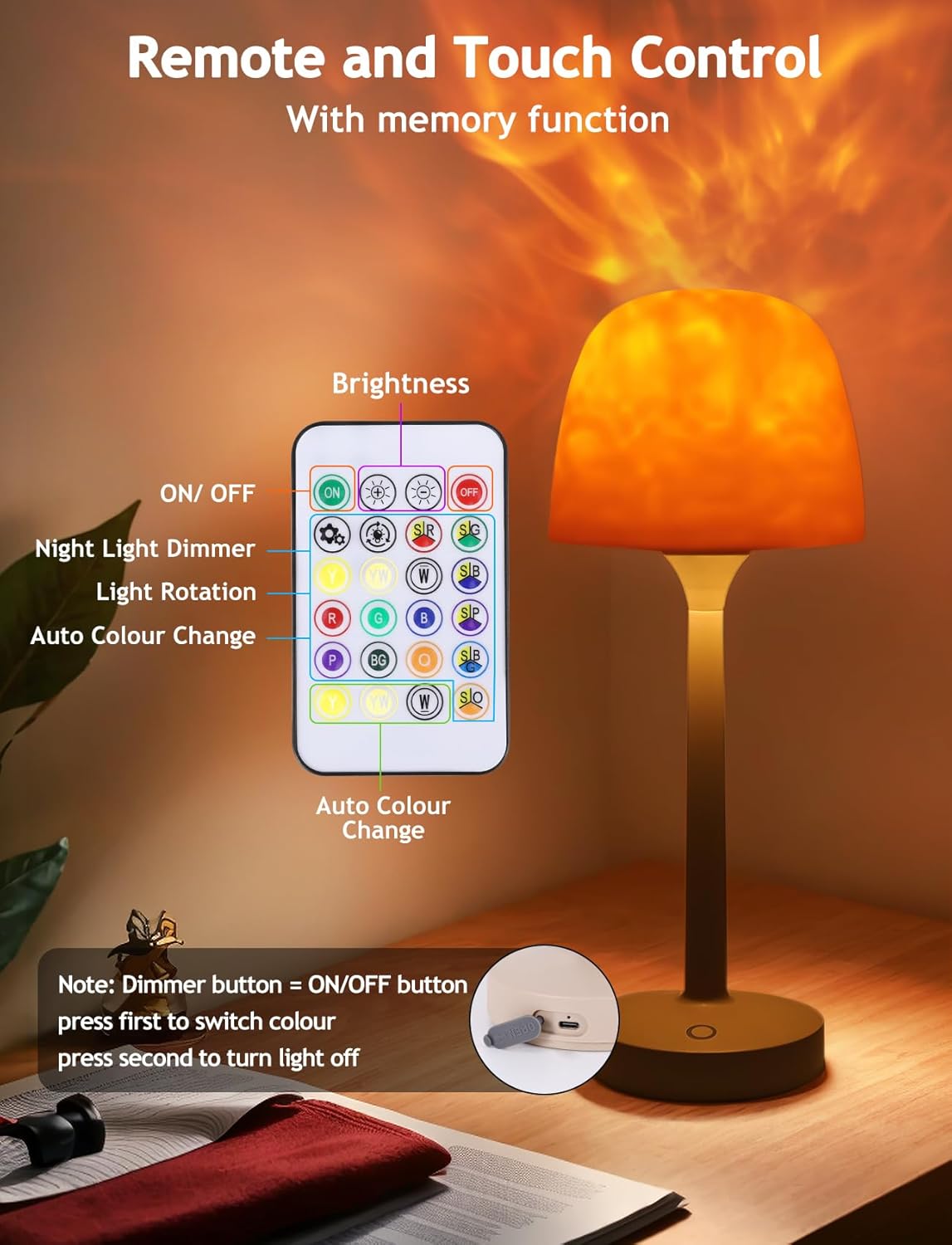Table lamp with remote control and touch functions on a warm background
