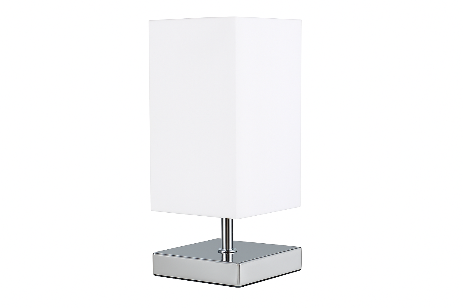 Table lamp with white shade and chrome base on a white background