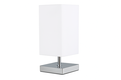 Table lamp with white shade and chrome base on a white background