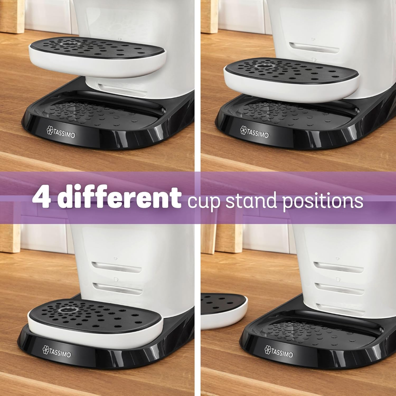 Tassimo coffee machine with black cup stand in four different positions on a wooden surface.