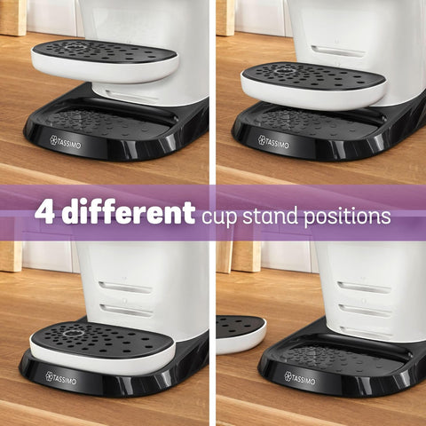 Tassimo coffee machine with black cup stand in four different positions on a wooden surface.