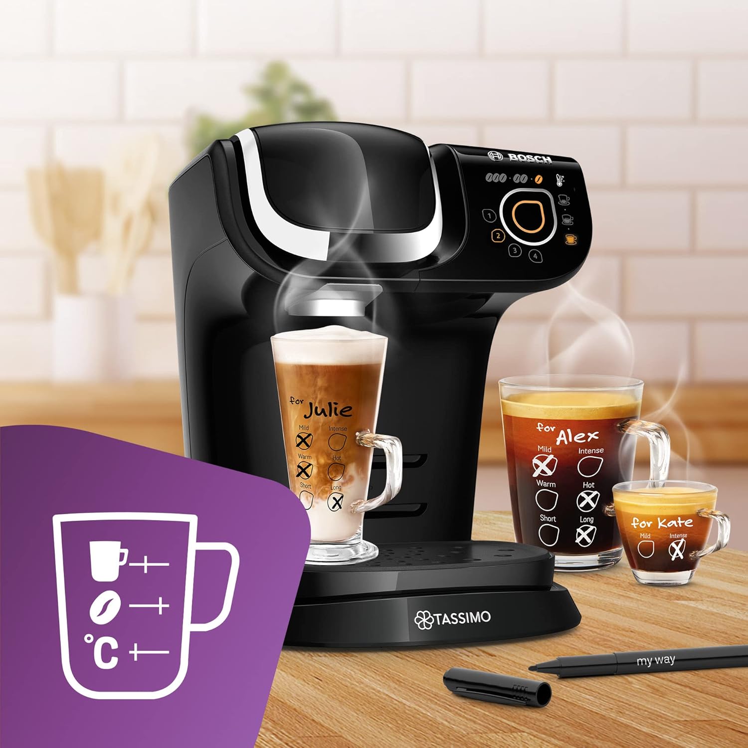 Tassimo coffee machine with personalized cups on a kitchen counter