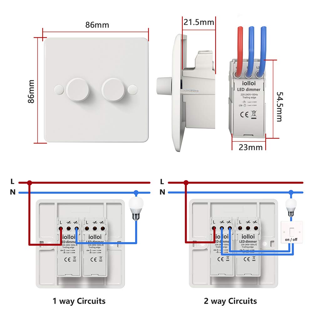 Technical diagram of a LED dimmer switch with dimensions and wiring diagrams.
