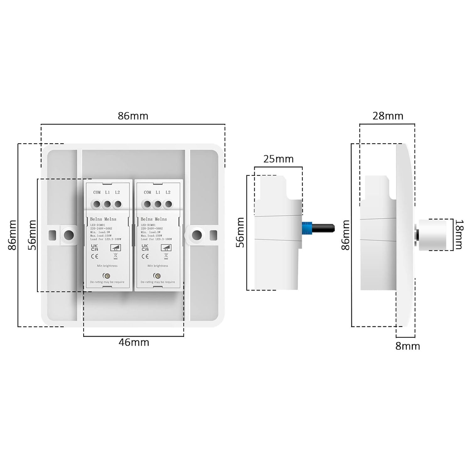 Technical diagram of a control panel with dimensions labeled on a white background