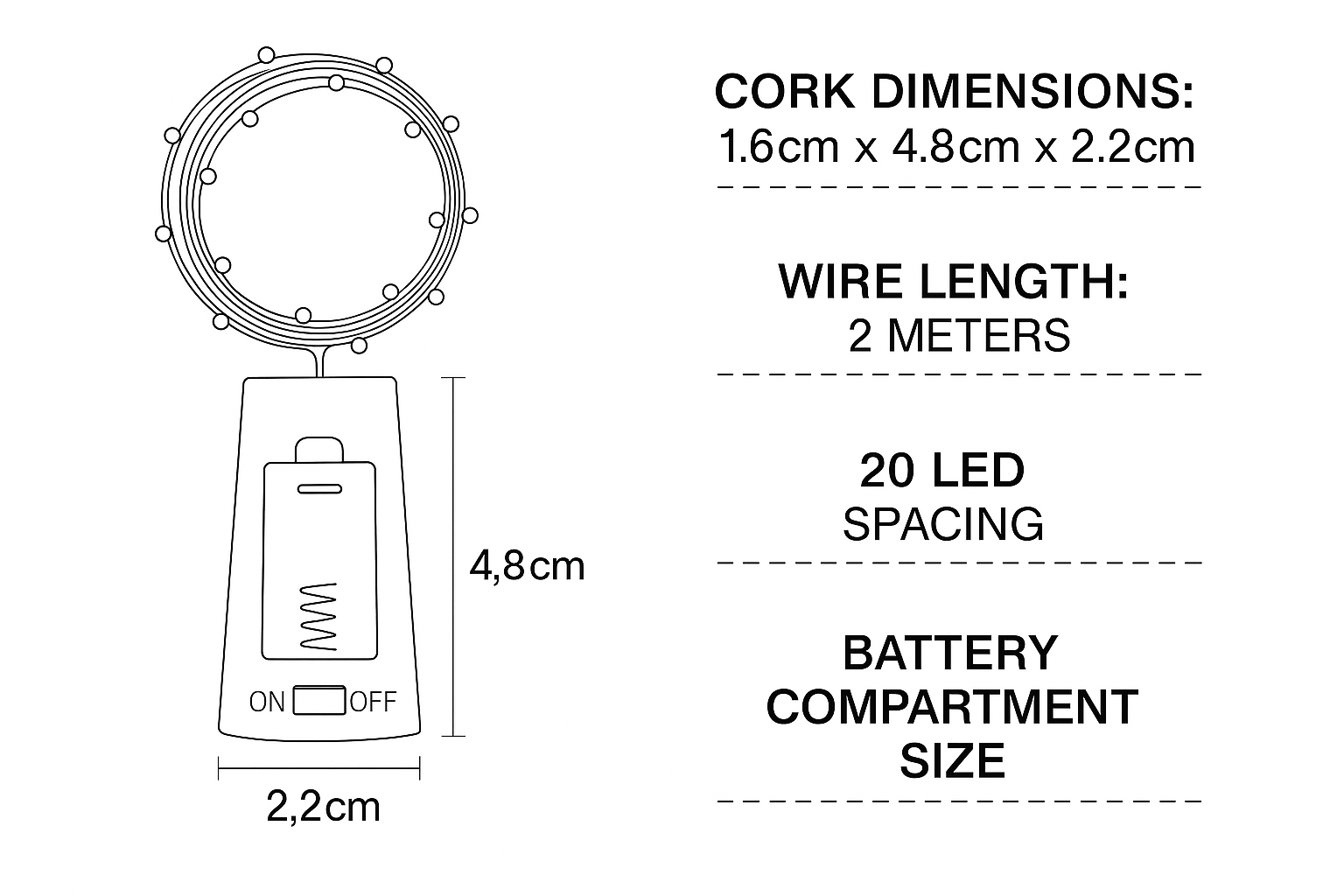 Technical diagram of a cork light with dimensions and specifications.