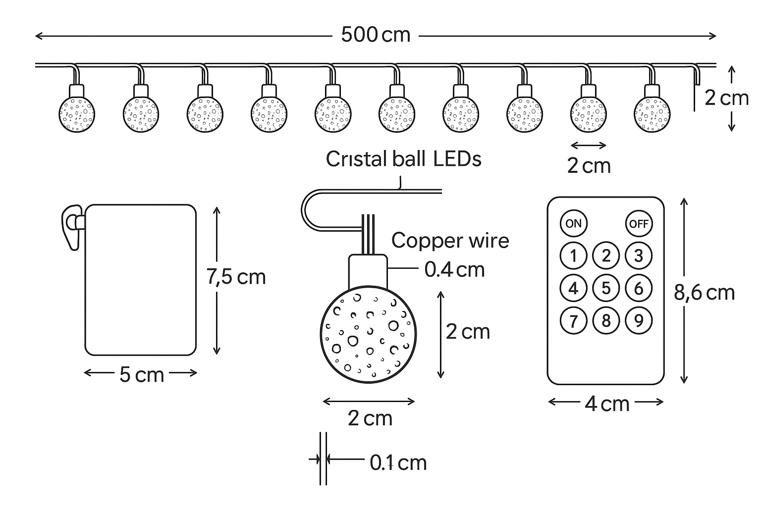 Technical diagram of a string of Cristal ball LEDs with dimensions and components labeled.