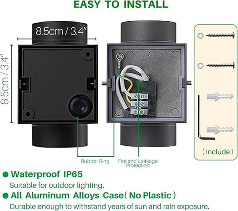 Technical diagram of a waterproof outdoor light fixture with installation details.