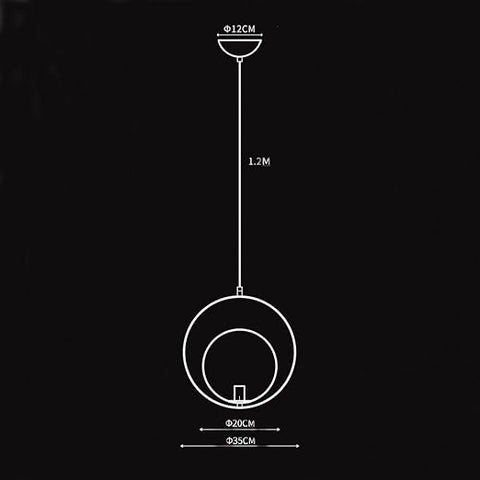 Technical drawing of a hanging object with measurements on a black background