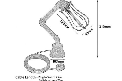 Technical drawing of a lamp with dimensions labeled