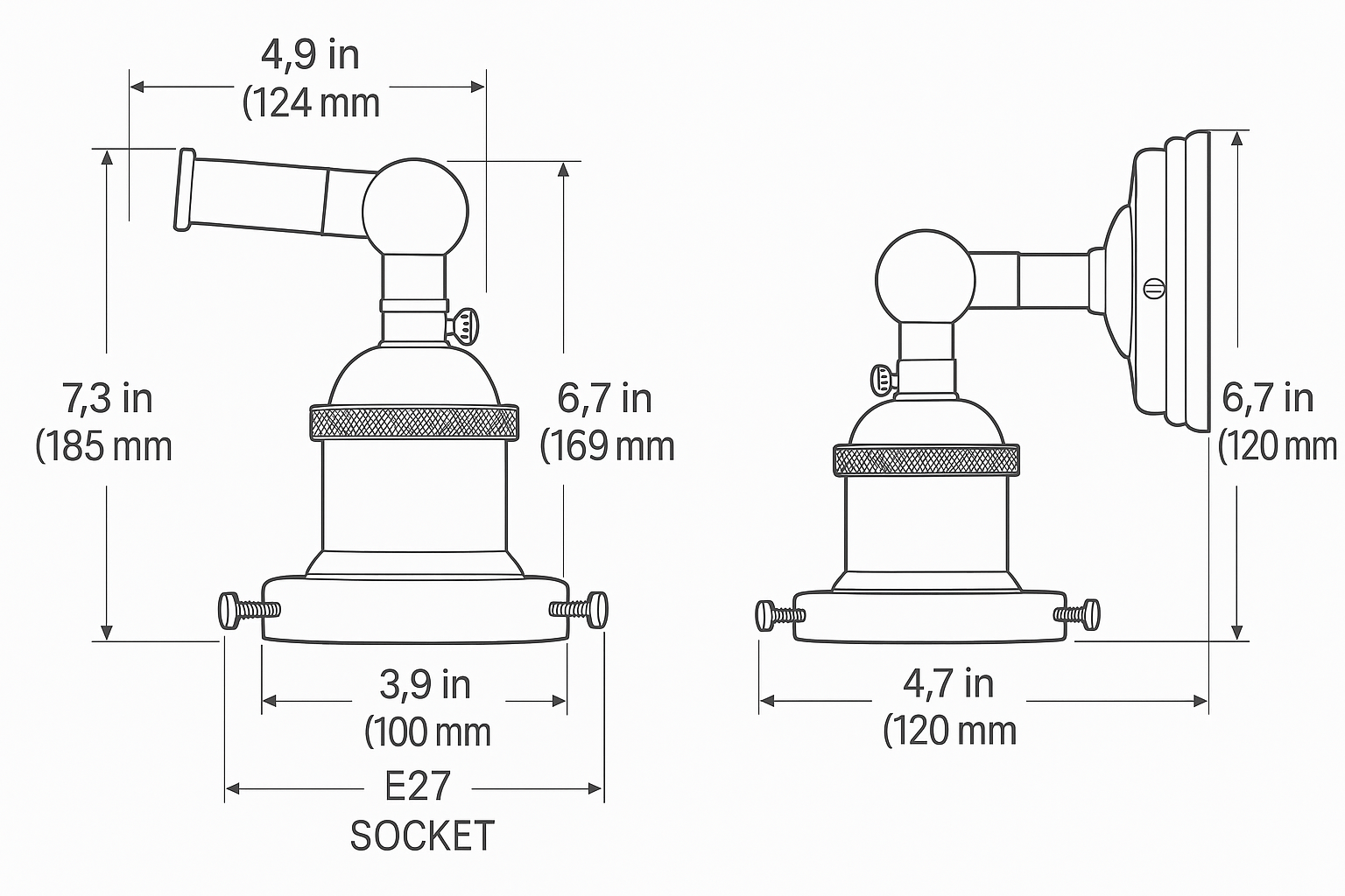 Technical drawing of a light fixture with dimensions labeled