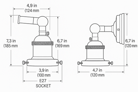 Technical drawing of a light fixture with dimensions labeled