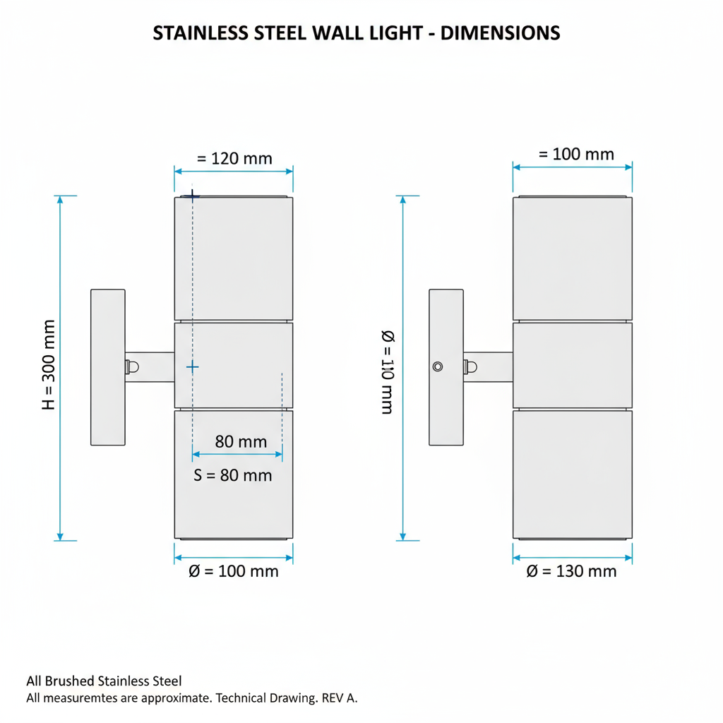 Technical drawing of a stainless steel wall light with dimensions