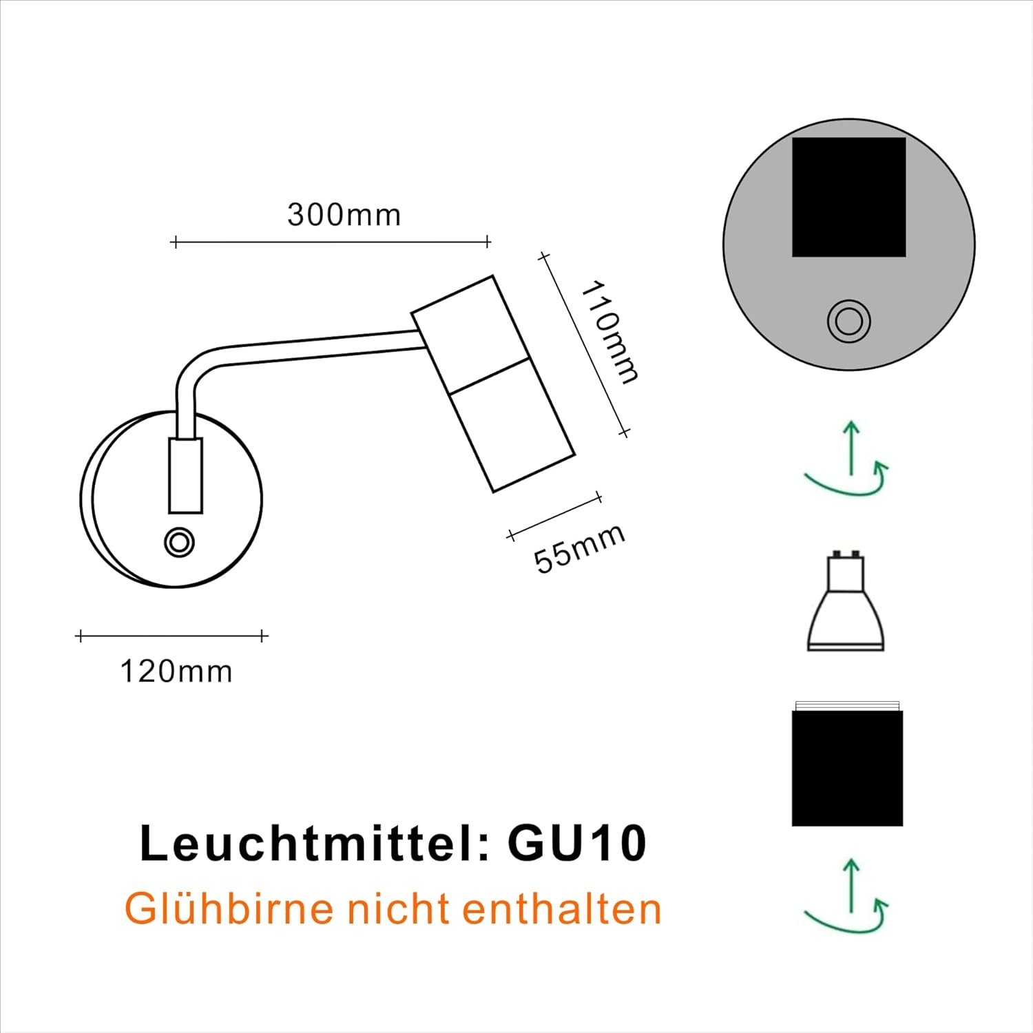 Technical drawing of a wall-mounted light fixture with dimensions and GU10 bulb information.