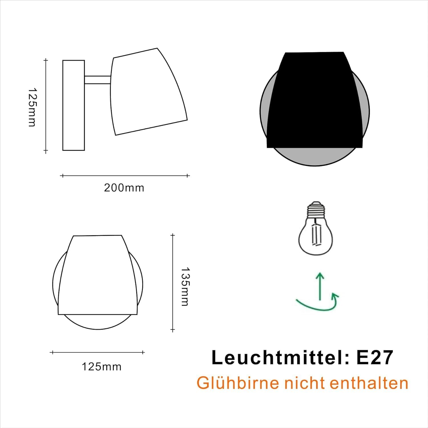 Technical drawing of a wall-mounted light fixture with dimensions and bulb information.