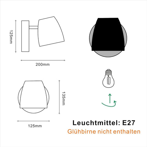 Technical drawing of a wall-mounted light fixture with dimensions and bulb information.