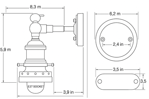 Technical drawing of a wall-mounted light fixture with dimensions