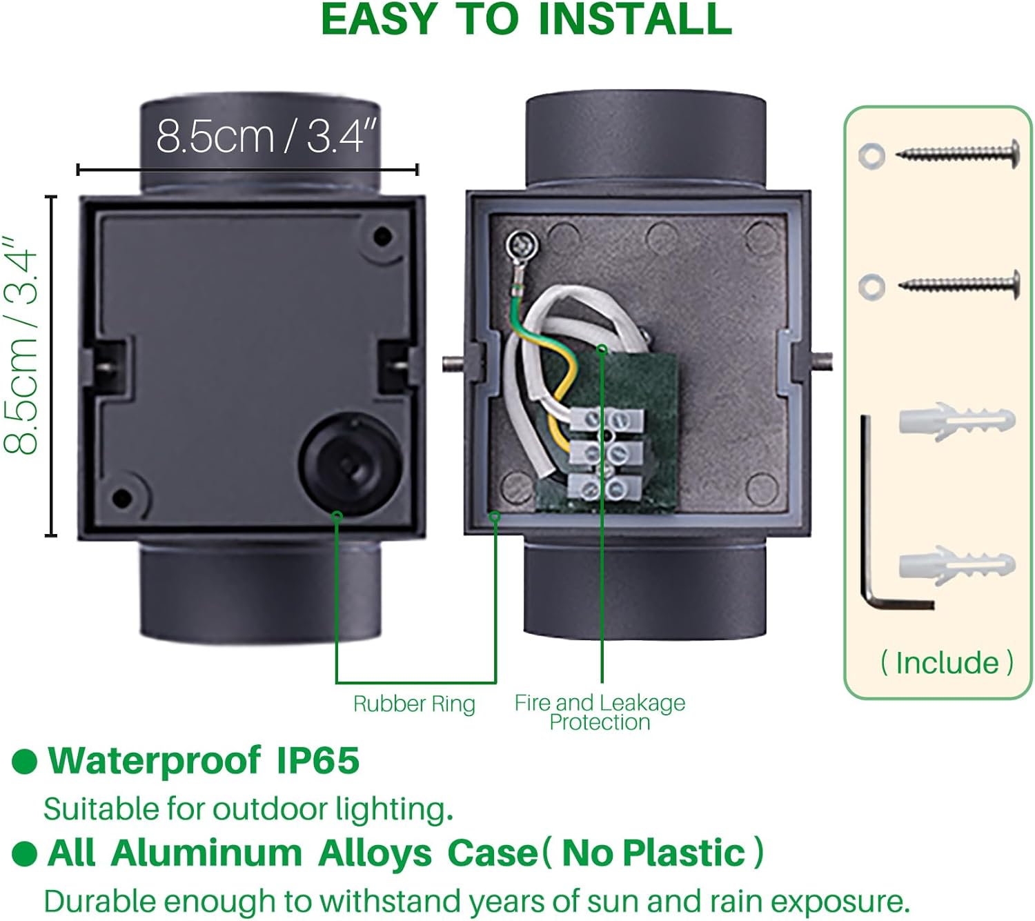 Technical diagram of a black outdoor light fixture with installation details and specifications.