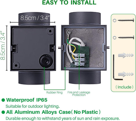 Technical diagram of a black outdoor light fixture with installation details and specifications.