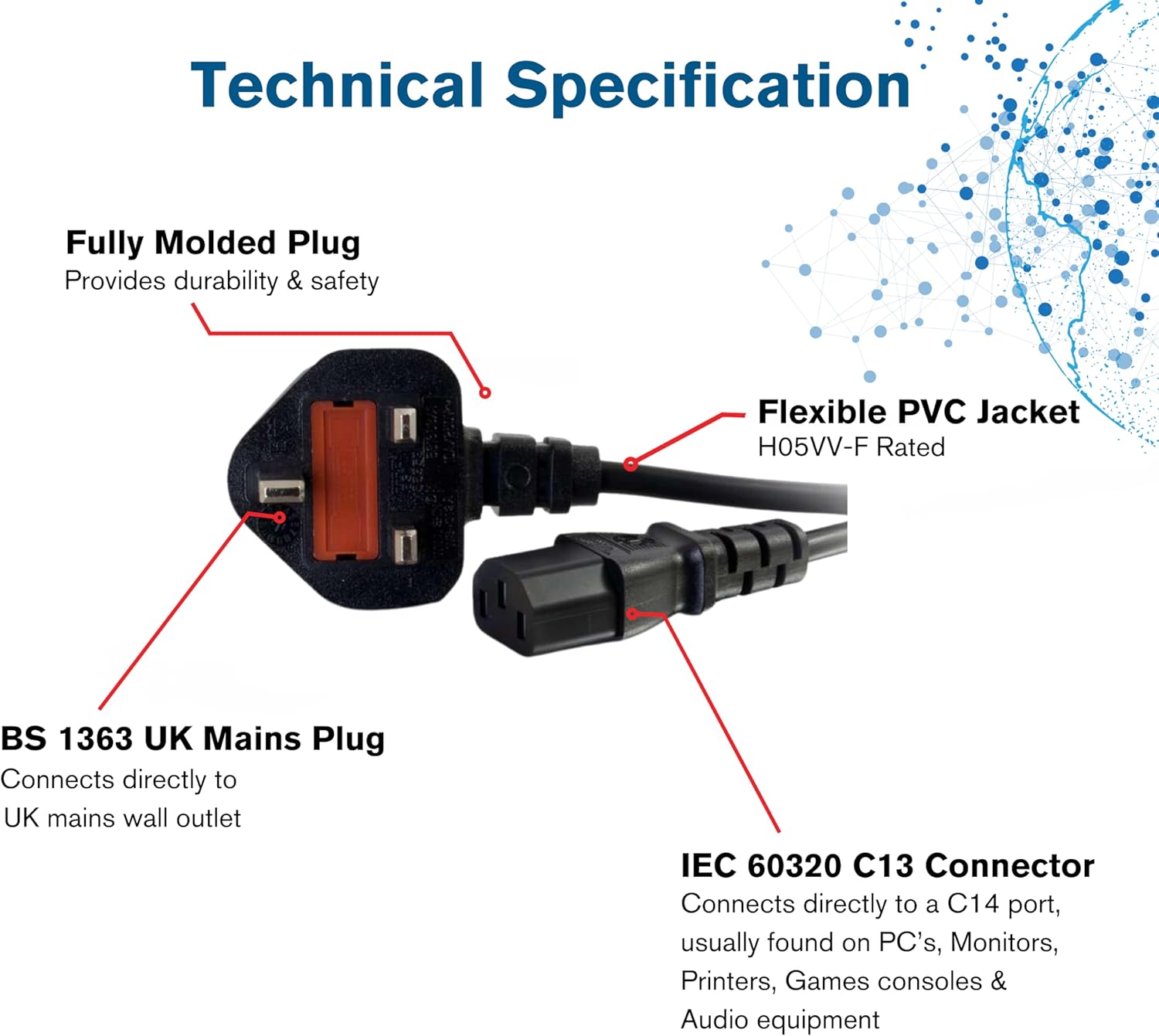 Technical specification diagram of a power cord with labeled parts on a white background.