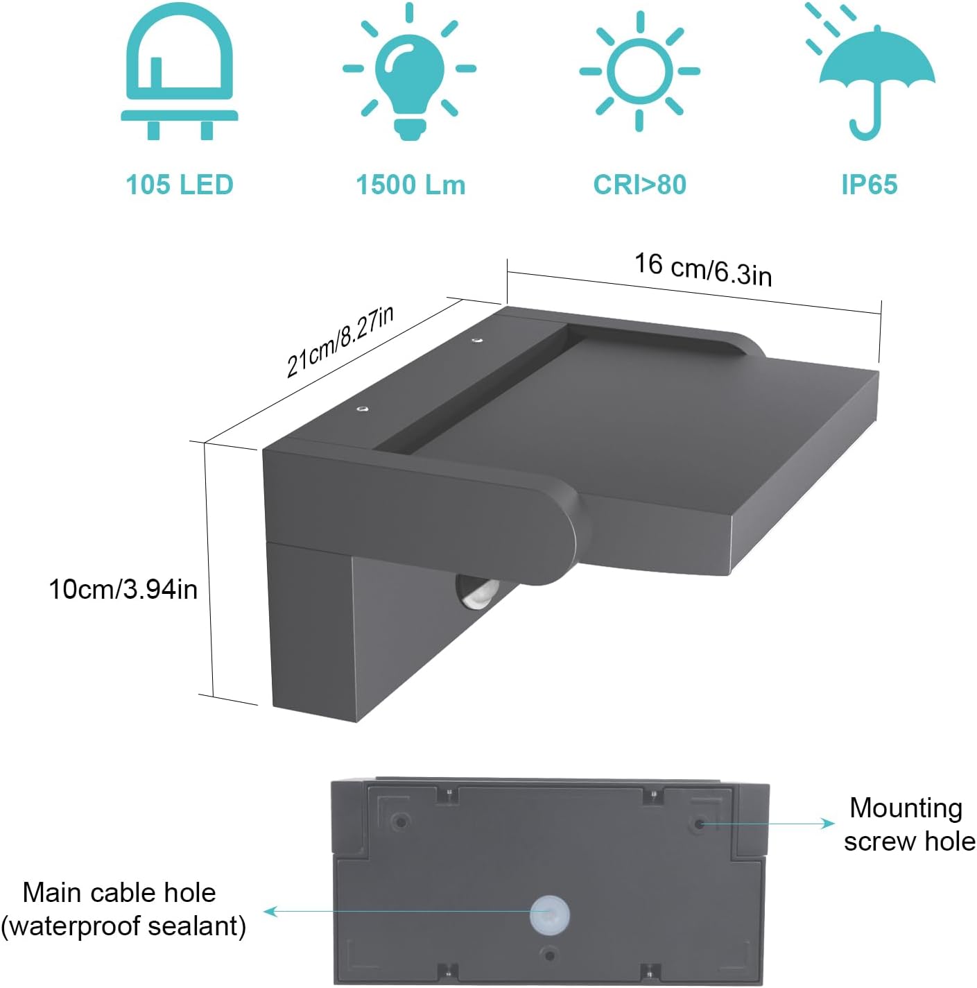 Technical specifications and dimensions of a LED light fixture 