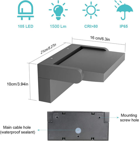 Technical specifications and dimensions of a LED light fixture on a white background