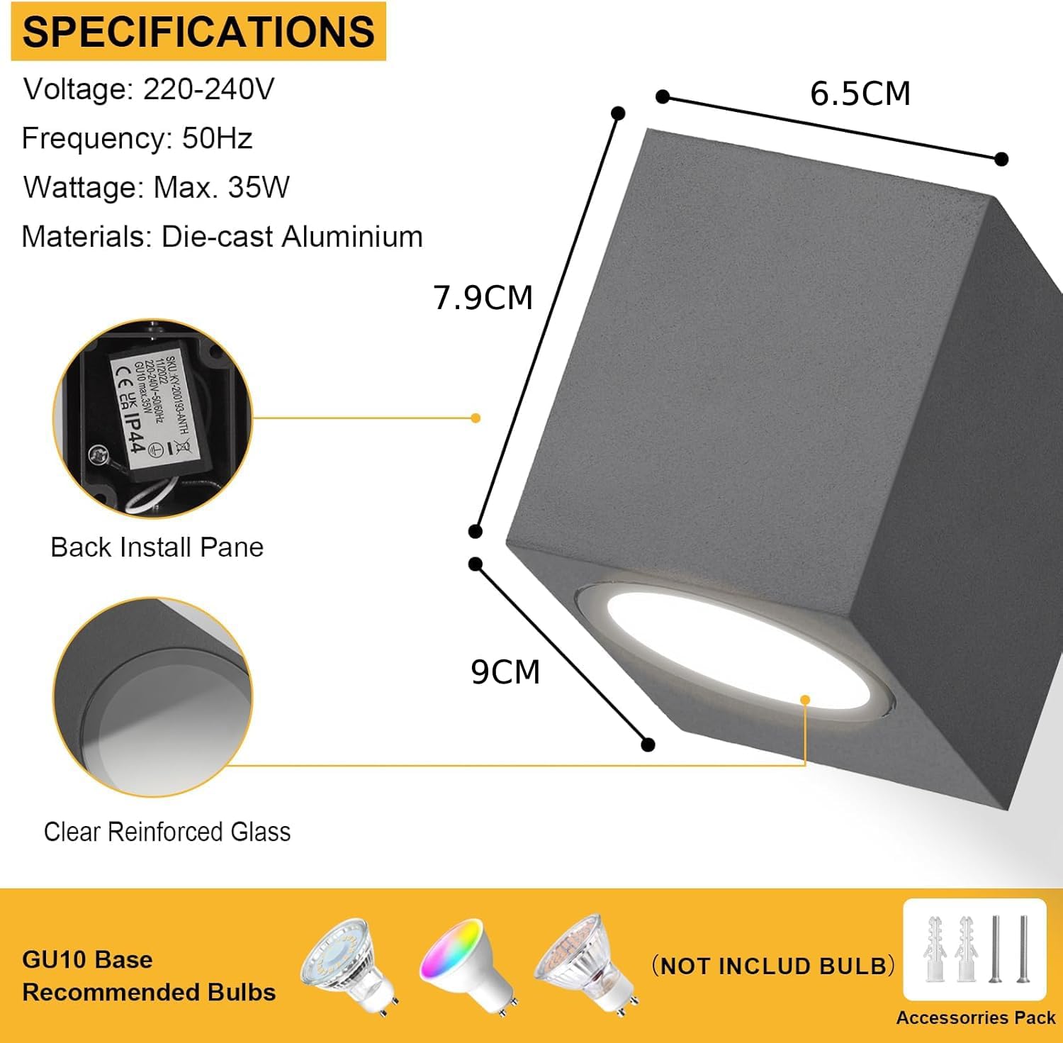Technical specifications and dimensions of a light fixture with materials listed.