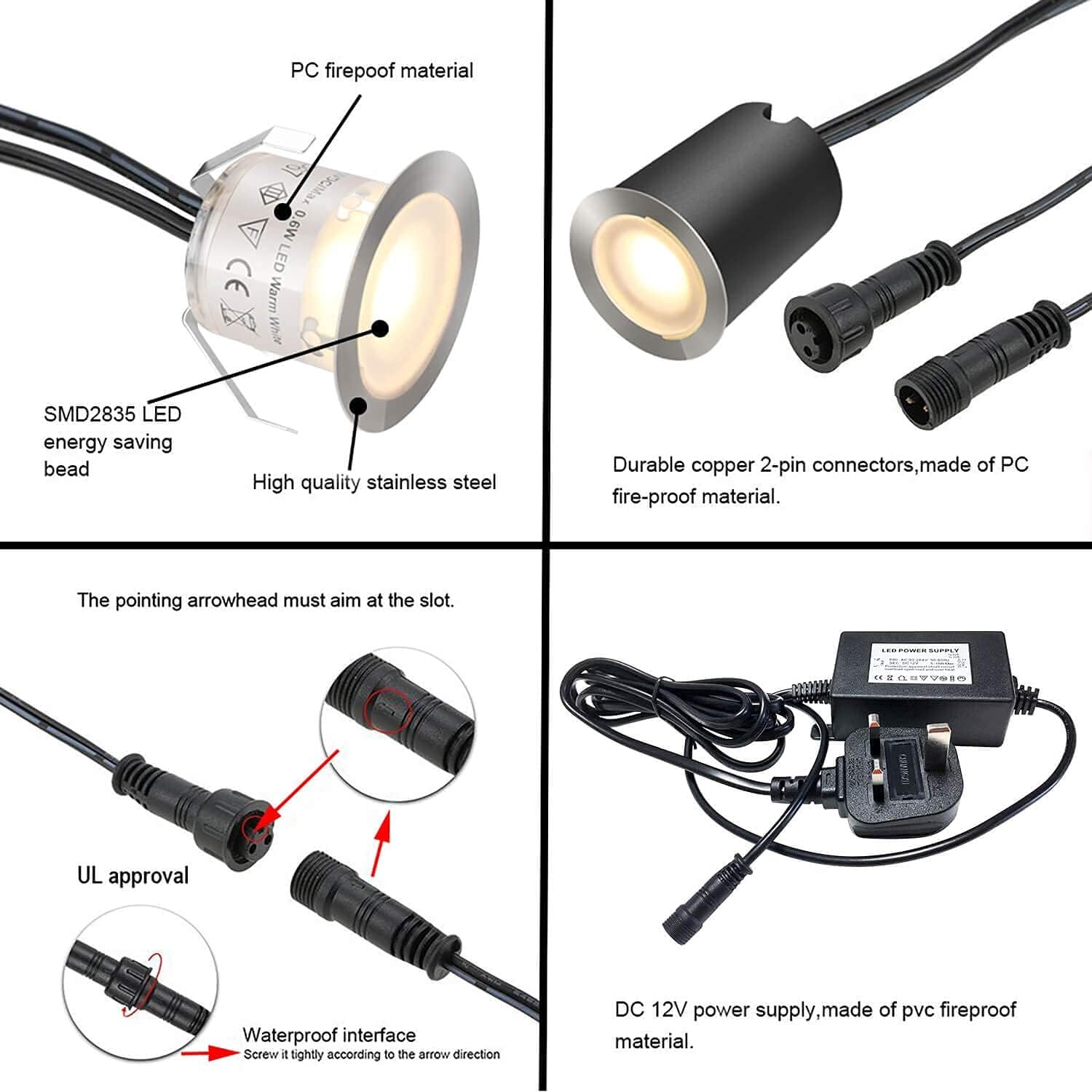 Technical specifications of a LED light fixture with labeled parts and components.