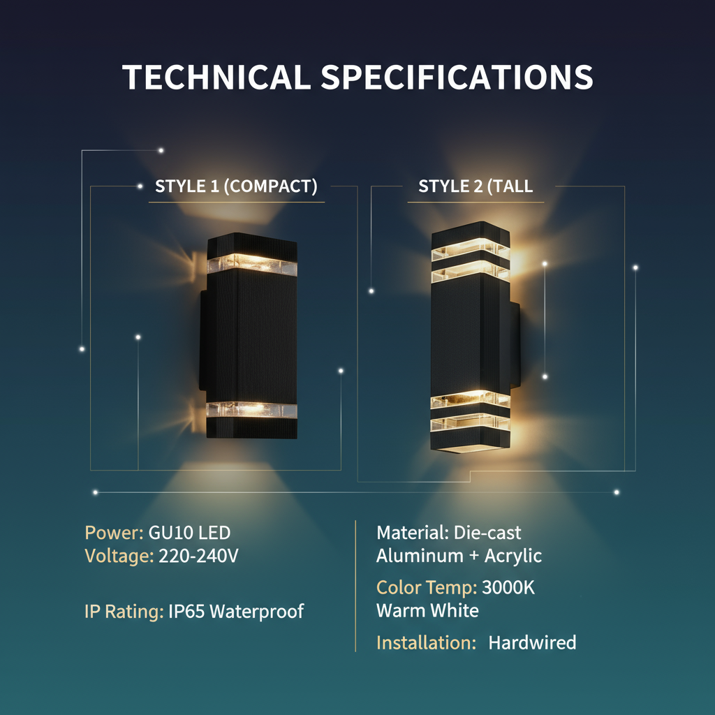 Technical specifications of two wall lights on a dark blue background