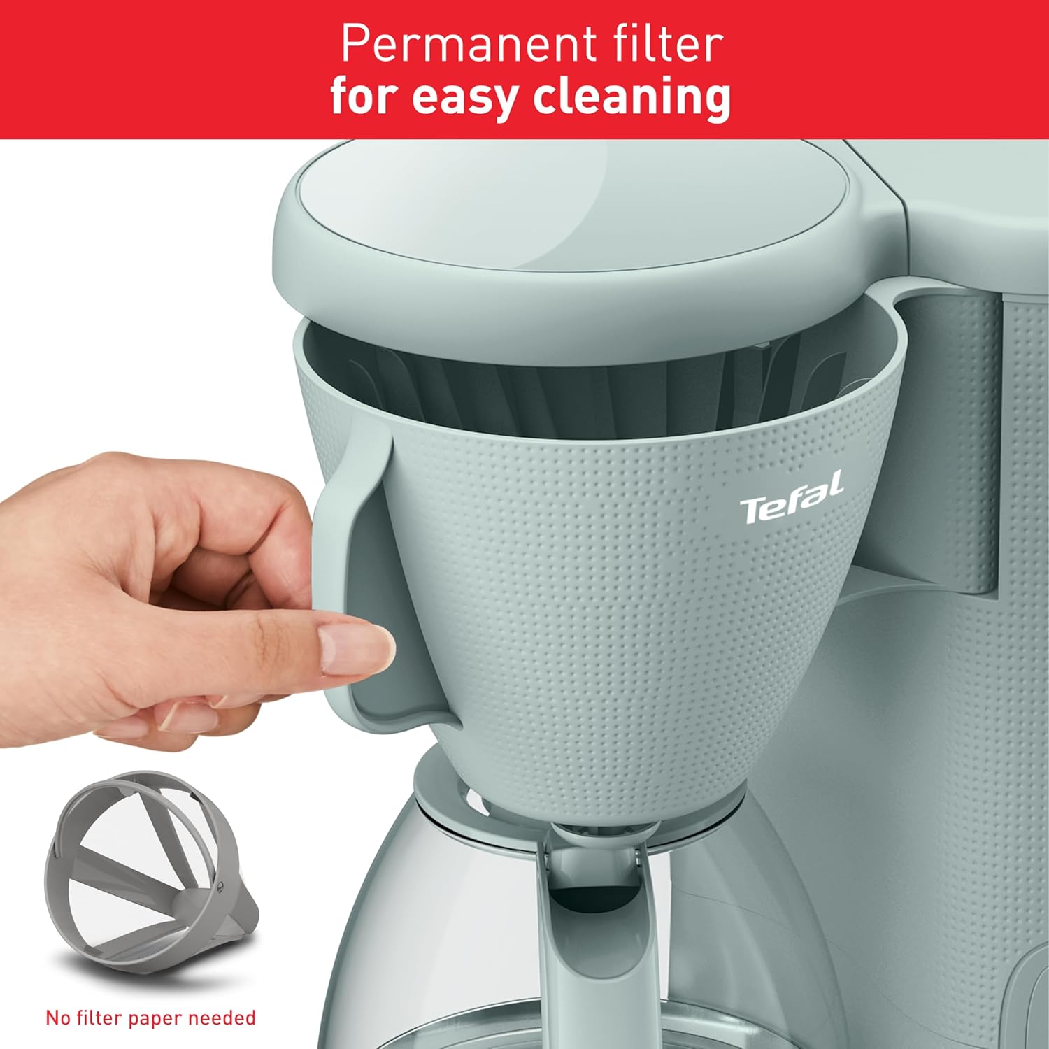 Tefal coffee maker with a permanent filter for easy cleaning, hand holding the filter.