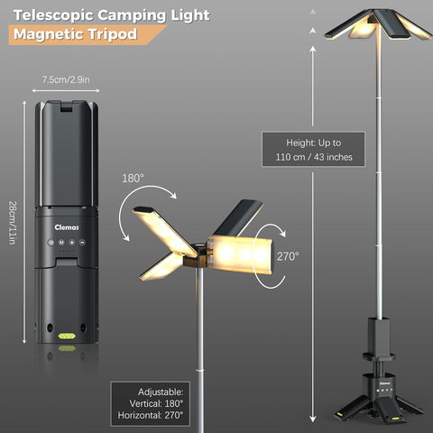 Telescopic camping light with magnetic tripod and measurement details on a gray background