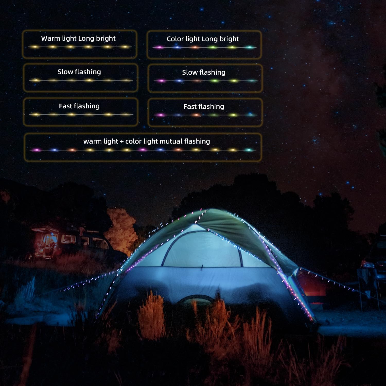 Tent with string lights against a night sky with starry background