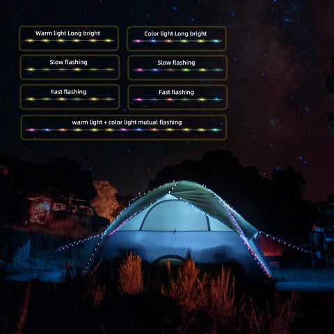 Tent with string lights against a night sky with starry background