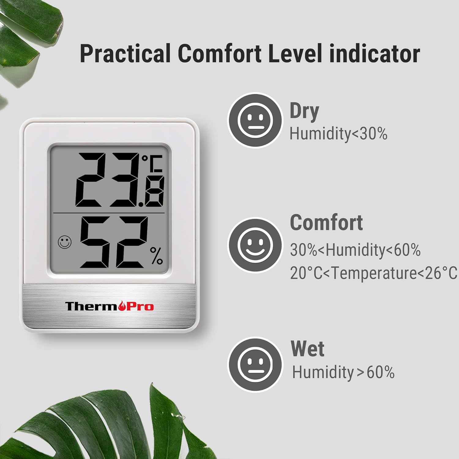 Thermometer and humidity monitor with comfort level indicators on a gray background